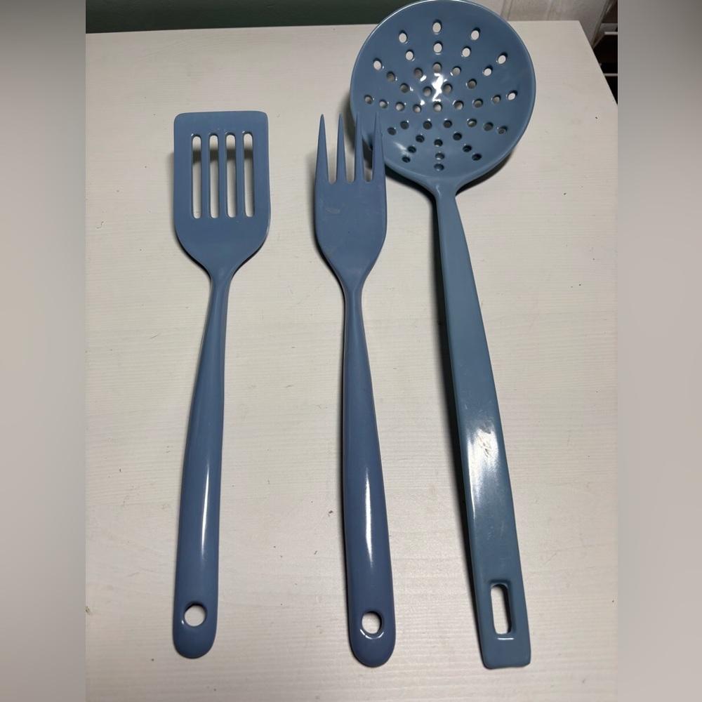 3 Vintage Copco Large Melamine Serving Utensils Strainer Fork Spatula blue